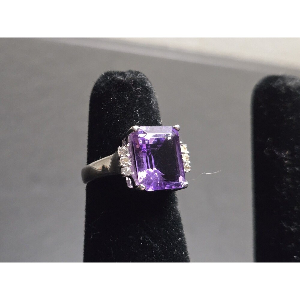 5.94 CTW Amethyst Ring, Large Emerald Cut Purple Gemstone Sterling Silver Size 5 - Picture 7 of 16